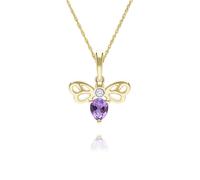 Gemondo Honeycomb Art Nouveau Pear Shape Amethyst and Diamond Bee Pendant Necklace in 9ct Yellow Gold