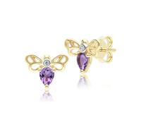 Gemondo Honeycomb Art Nouveau Pear Shape Amethyst and Diamond Bee Stud Earrings in 9ct Yellow Gold