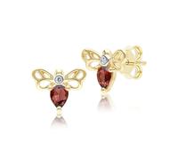 Gemondo Honeycomb Art Nouveau Pear Shape Garnet and Diamond Bee Stud Earrings in 9ct Yellow Gold