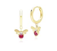 Gemondo Honeycomb Inspired Ruby and Diamond Bee Hoop Earrings in 9ct Yellow Gold