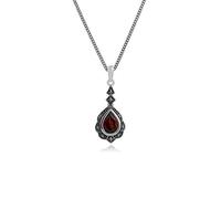 Gemondo Marcasite Necklace, Sterling Silver Garnet & Marcasite Art Nouveau Pendant on 45cm Chain