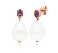 Gemondo Modern Baroque Pearl & Amethyst Drop Earrings in Rose Gold Plated Silver