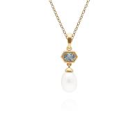 Gemondo Modern Pearl & Aquamarine Hexagon Drop Pendant in Gold Plated Silver