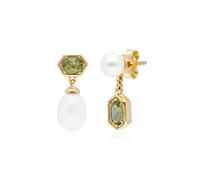 Gemondo Modern Pearl & Peridot Mismatched Drop Earrings in Gold Plated Silver