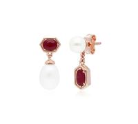 Gemondo Modern Pearl & Ruby Mismatched Drop Earrings in Rose Gold Plated Silver