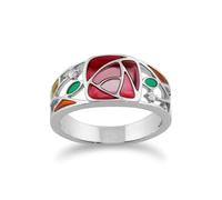 Gemondo Rennie Mackintosh Round White Topaz & Enamel Glasgow Rose Band Ring in 925 Sterling Silver - M