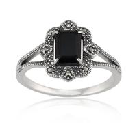 Gemondo Sterling Silver Art Deco 1.20ct Black Spinel & Marcasite Ring