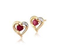 Gemondo Women 375 Gold 9ct Yellow Gold Heart Ruby Classic Heart Stud Earrings Red With Diamond Accents