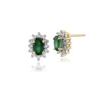 Gemondo Women 375 Gold 9ct Yellow Gold Oval Emerald & Diamond Oval Cluster Stud Earrings Green