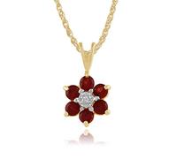 Gemondo Women 375 Gold 9ct Yellow Gold Round Garnet & Diamond Floral Cluster Pendant Necklace Red 45cm