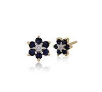 Gemondo Women 375 Gold 9ct Yellow Gold Round Six Sapphire & Diamond Floral Cluster Stud Earrings Blue