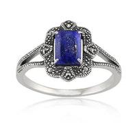 Art Deco Style Baguette Lapis Lazuli & Marcasite Ring in 925 Sterling Silver Gemondo Silver N