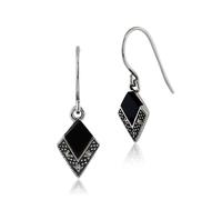 Art Deco Style Black Onyx & Marcasite Drop Earrings in 925 Sterling Silver Gemondo Silver One Size