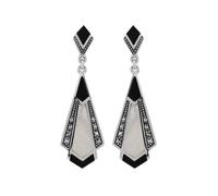 Art Deco Style Cabochon Black Onyx, Mother of Pearl & Marcasite Drop Earrings in 925 Sterling Silver Gemondo Silver One Size