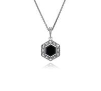 Gemondo Women's Art Deco Style Hexagon Onyx & Marcasite Pendant Necklace in Sterling Silver | Size: 18 inches Gemondo Silver 18 inches