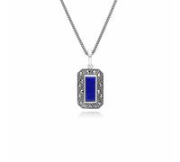 Gemondo Art Deco Style Rectangle Lapis Lazuli and Marcasite Pendant Necklace in Sterling Silver