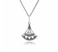 Gemondo Art Deco Style Round Opal & Marcasite Open Work Fan Drop Pendant in 925 Sterling Silver