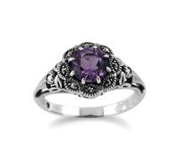 Gemondo Women's Art Nouveau Style Round Amethyst & Marcasite Floral Ring in 925 Sterling Silver | Size: P Gemondo Silver P