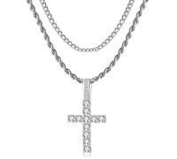 GEMOSA Cross Chain for Men 14K Gold Silver Plated Solid Iced Out 5A+ Cubic Zirconia Stainless Steel Cuban Link rope Layered Chains 16-24 Inch Large Cross Diamond Pendant Nceklace for Women Boys Girls