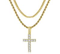 GEMOSA Cross Chain for Men 14K Gold Silver Plated Solid Iced Out 5 Cubic Zirconia Stainless Steel Cuban Link rope Layered Chains 16-24 Inch Large Cross Diamond Pendant Nceklace Jewelry Gifts, 22