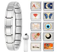 GEMOSA Italian Charm Bracelet Sets with 1Pcs Starter Brascelet Silver, 10Pcs Charms Pack and Opening Tools, 9mm Italian Modular Charm Bracelet Link Handmade DIY Module Jewelry Gifts, 6.75 inch