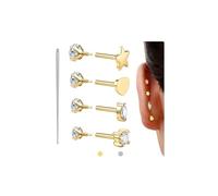 GEMQUEEN Reversible Flat Back Earrings Studs Hypoallergenic - 14K Gold Filled Surgical Steel Earring 18G Cartilage Helix Tragus Conch Piercing Jewelry Extended Internal Thread Earrings for Women Men