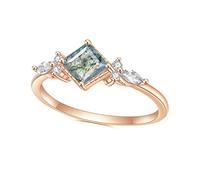 Gem's Beauty Christmas Gifts for Her 0.63CT Square Shape Natural Moss Agate There Stone Engagement Ring in 925 Sterling Silver Women's Gold Ring(Size7)