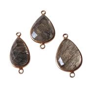 Gems For Jewels 20mm Black Rutiliated Quartz Connectors, 3 pcs Rutile Faceted Pear Shape 925 Silver Gold Polished Bezel Connectors Charm - PSG398