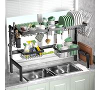 Gemsaya Dish Drainer Rack, 3 Tier Over Sink Drainer Rack Expandable (26"-33.5"), Over The Sink Steel Dish Drying Rack with 4 Baskets, 5 Hooks, Cutlery Holders, Cup Holder, Cutting Board Rack, Black
