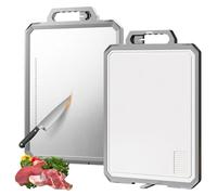Gemsaya Double-Sided Chopping Board, 304 Stainless Steel Cutting Board with Handle, Knife Sharpener, Juice Groove, Scale Ruler, Metal Chopping Boards for Kitchen Meat Fruit Vegetable, 44x30cm
