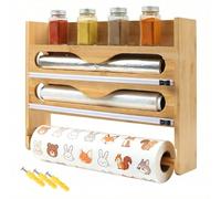 Gemsaya Foil and Cling Film Dispenser Cutter with Kitchen Roll Holder, 4 in 1 Wrap Dispenser with Cutter, Wall-Mount Bamboo Kitchen Wrap Organizer Rack Compatible with 12" Rolls or Lower Rolls
