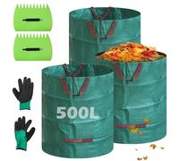Gemsaya Garden Waste Bags, 3 Pack 500L Heavy Duty Garden Bags with Handles, Reusable Gardening Rubbish Sacks with 1 Pair Gloves & 2pcs Leaf Rake, Waterproof Green Waste Sack for Plant Grass Leaves
