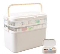 Gemsaya Medicine Storage Box, Large 3 Layer Medicine Storage Box Organiser with Lids, Portable First Aid Box with Handle, Household Medication Storages Boxes Medical Organiser for Home School, Beige