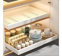 Gemsaya Pull Out Cabinet Organiser, 32-52cm Extendable Slide Out Drawers Cabinets Self Adhesive, Adjustable Carbon Steel Pull Out Kitchen Storage Shelves for Kitchen Home, No Need Drill, White