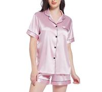 Gemschest Women Silk Satin Pyjamas Set: Ladies Pajamas Bottoms Short Sleeve 2 Piece Pjs Soft Button-down Woman Nightwear Silky Women's Sleepwear Bride Loungewear Shorts Set, Pink L