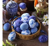 Gemscream 24 Pieces Easter Eggs Hanging Chinoiserie Blue and White Egg Tree Ornament Chinoiserie Decoration Farmhouse Easter Party Basket Filler Outdoor Home Decorations
