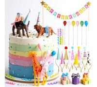 Gemscream 39 Pcs Safari Animal Cake Toppers Party Cake Animal Decorations Jungle Figures with Hats Mini Balloons for Wild Zoo Theme Party Birthday