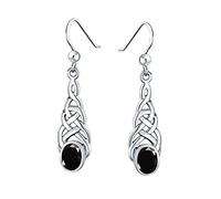 Gemsonclick 925 Sterling Silver Natural Black Onyx Celtic Knot Linear Drop Earrings Design Oval Shape Jewelry for Women Girls Gifts Fish Hook Earring, Chakra Healing Birthstone Earring