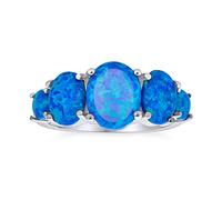 Gemstone 5 Stone Oval Blue Created Opal Half Eternity Band Ring For Women .925 Sterling Silver Thin 1MM Band October Birthstone