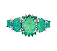 Gemstone 5 Stone Oval Green Created Opal Half Eternity Band Ring For Women .925 Sterling Silver Thin 1MM Band October Birthstone