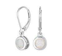 Gemstone Bezel Round Circle Solitaire White Created Opal Dangle Lever Back Earrings For Women Teen .925 Sterling Silver October Birthstone