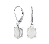 Gemstone Classic White Created Opal Oval Solitaire Dangle Lever back Earrings For Women Teen .925 Sterling Silver