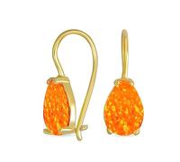 Gemstone Iridescent Solitaire Teardrop Orange Opal Drop Earrings For Women Teens Gold Plated .925 Sterling Silver French Wire October Birthstone