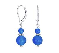 Gemstone Natural Blue Agate Boho Bali Milgrain Edged Beaded Rondel Separator Double Ball Round Drop Dangle Earrings For Women Teen .925 Sterling Silver Lever back