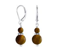 Gemstone Natural Brown Tiger Eye Boho Bali Milgrain Edged Beaded Rondel Separator Double Ball Round Drop Dangle Earrings For Women Teen .925 Sterling Silver Lever back