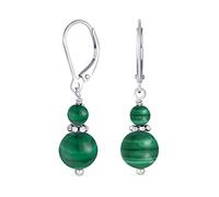 Gemstone Natural Dark Green Malachite Boho Bali Milgrain Edged Beaded Rondel Separator Double Ball Round Drop Dangle Earrings For Women Teen .925 Sterling Silver Lever back