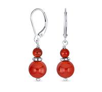 Gemstone Natural Red Carnelian Boho Bali Milgrain Edged Beaded Rondel Separator Double Ball Round Drop Dangle Earrings For Women Teen .925 Sterling Silver Lever back