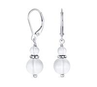 Gemstone Natural White Jade Boho Bali Milgrain Edged Beaded Rondel Separator Double Ball Round Drop Dangle Earrings For Women Teen .925 Sterling Silver Lever back