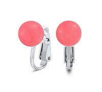 Gemstone Pink Agate Peach Simulated Coral Round Ball Stud Clip On Earrings For Women Non Piercing .925 Sterling Silver