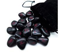 Gemstone Rune Set Elder Futhark 25 Stones Approx. 20 mm in Velvet Bag Mythology Viking Esoteric Meditation Magic (Black Agate Red Engraving)
